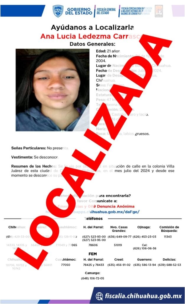 Localiza FEM sana y salva a mujer con reporte de ausencia en Chihuahua