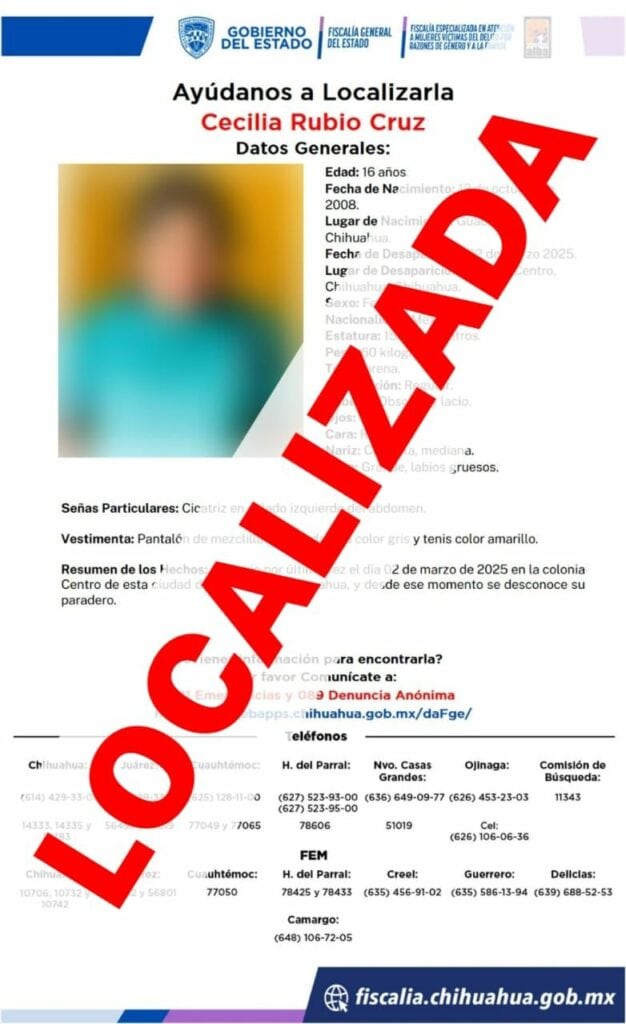 Localiza FEM a adolescente con reporte de ausencia en Chihuahua