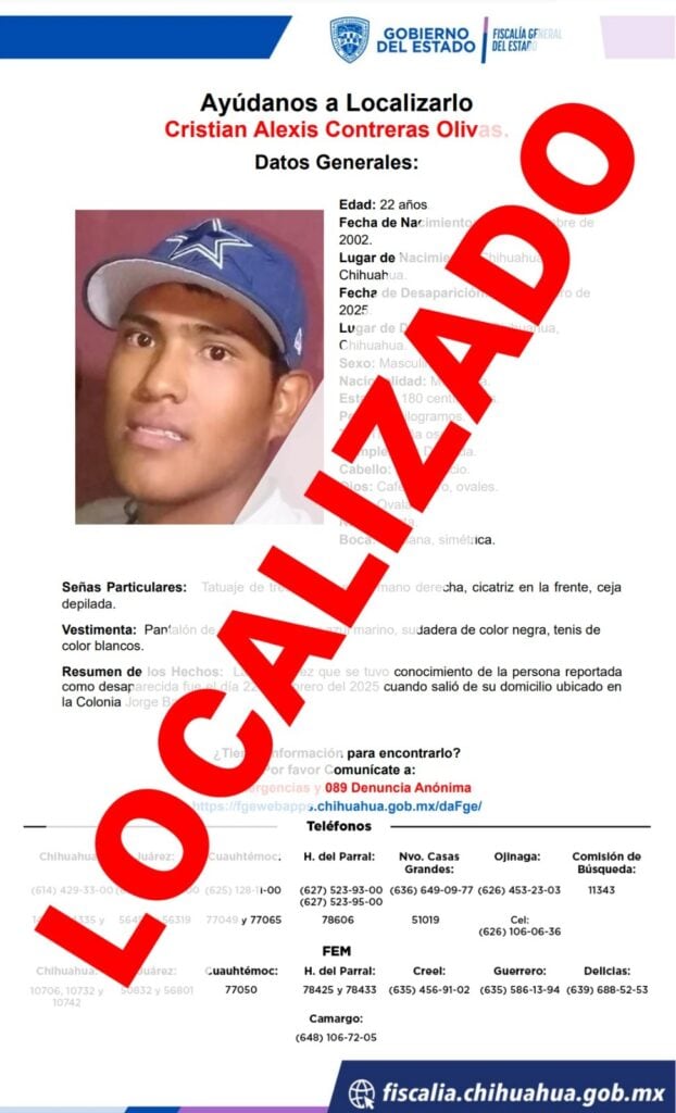 Localiza Fiscalía Centro sano y salvo a joven que tenía reporte de desaparición