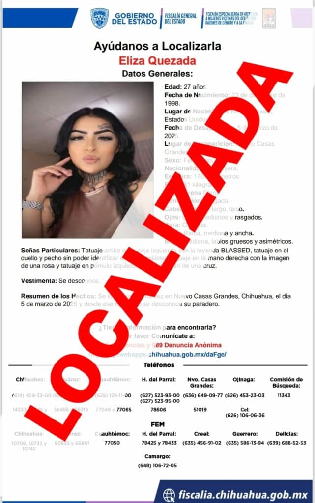 Localiza FEM a mujer con reporte de ausencia en Nuevo Casas Grandes