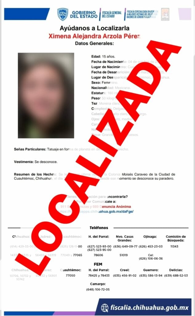 Localiza FEM en Juárez a adolescente con reporte de ausencia en Cuauhtémoc