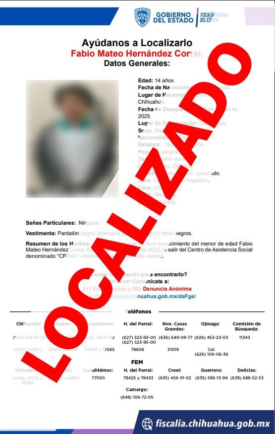 Localizan sano y salvo a menor de edad reportado desaparecido