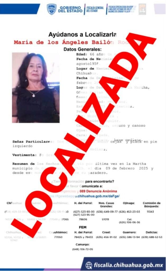 Localiza Fiscalía Noroeste en Ignacio Zaragoza a mujer de 66 años con reporte de ausencia