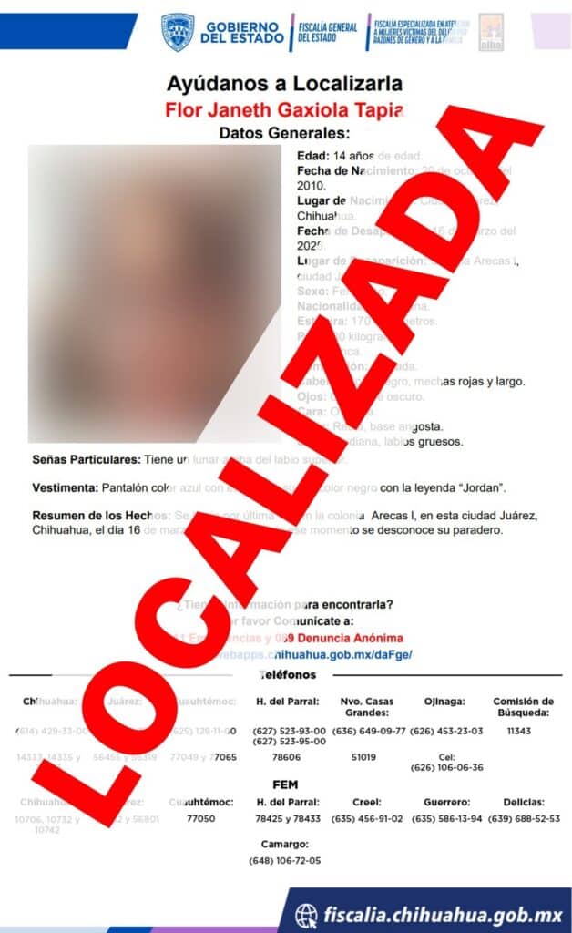 Reintegra FEM a su hogar a menor de edad reportada ausente desde mediados de marzo en Ciudad Juárez