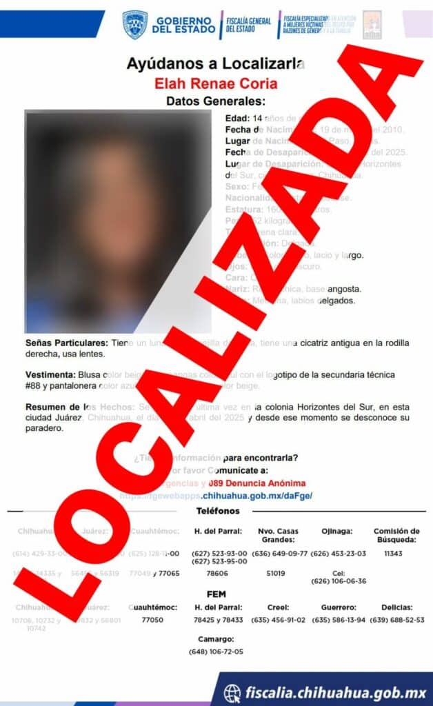 Localiza FEM sana y salva a menor con reporte de ausencia en Ciudad Juárez