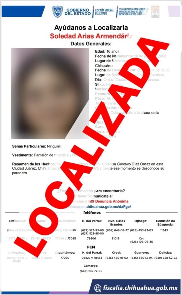 Localiza FEM a menor de edad reportada como ausente en Ciudad Juárez