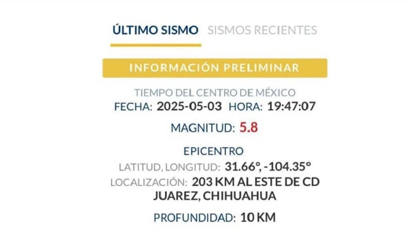 Sismo de magnitud 5.8 sacude zona este de Ciudad Juárez; se percibe en áreas residenciales
