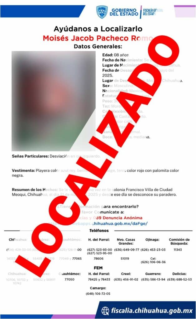 Localizan sano y salvo a niño desaparecido en Meoqui