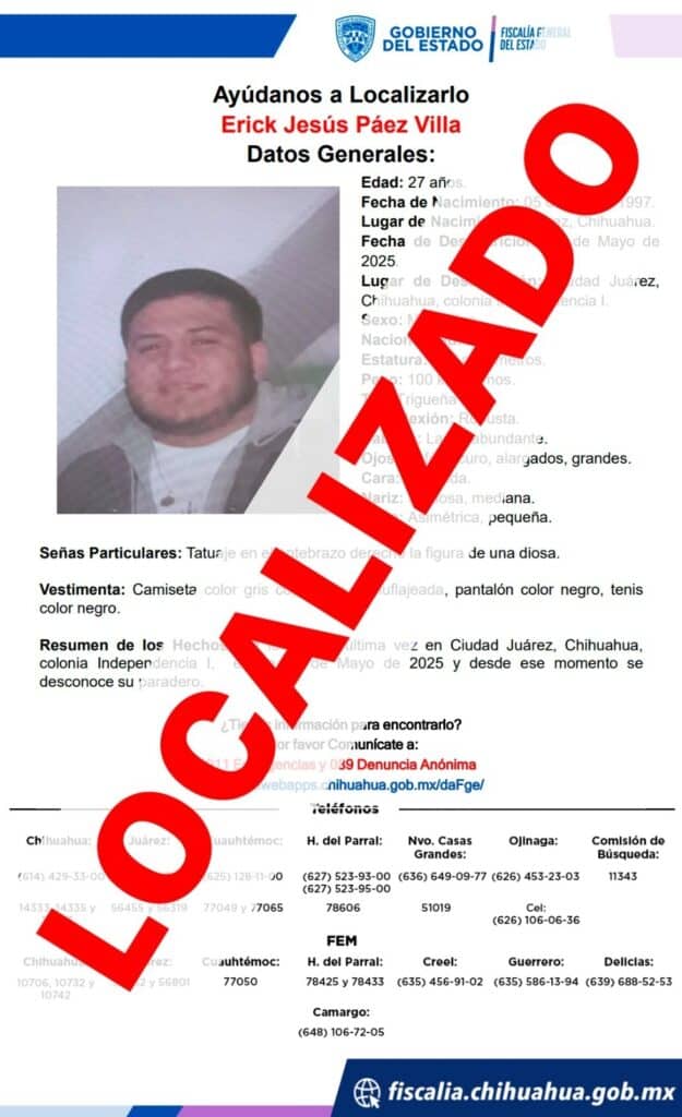 Localizan sano y salvo a hombre con reporte de ausencia en Juárez